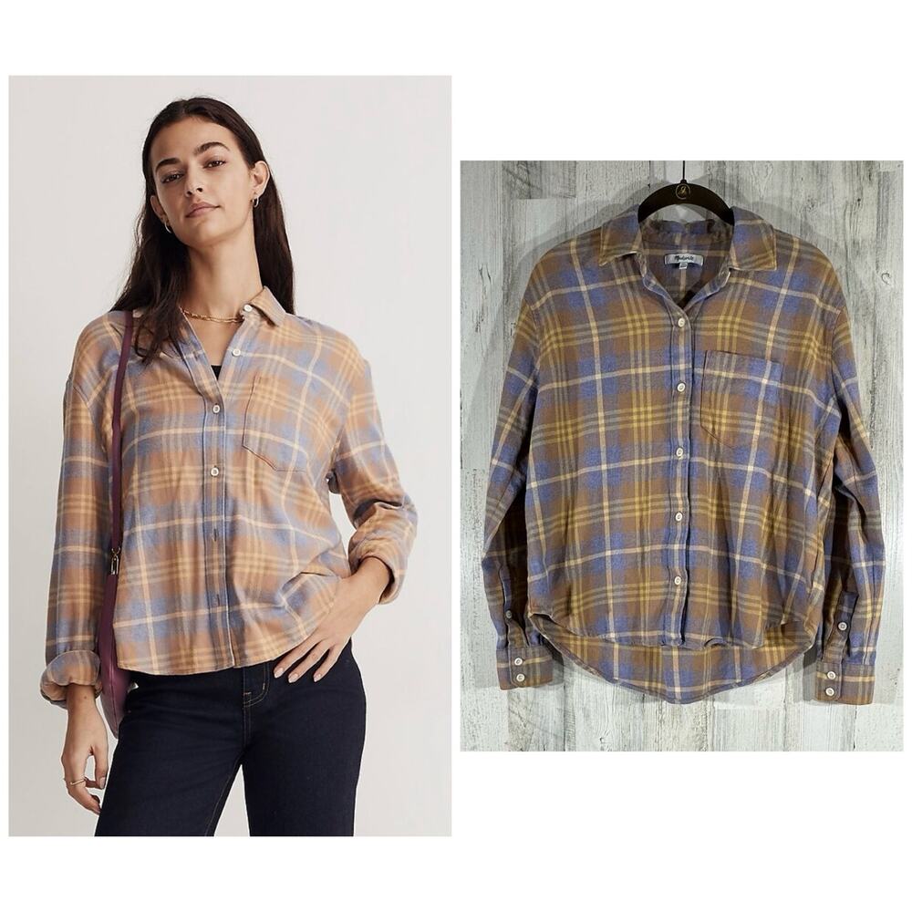 Madewell Oversized Boyfriend Flannel Shirt Size XS Oversized‎ Tan Plaid Cotton